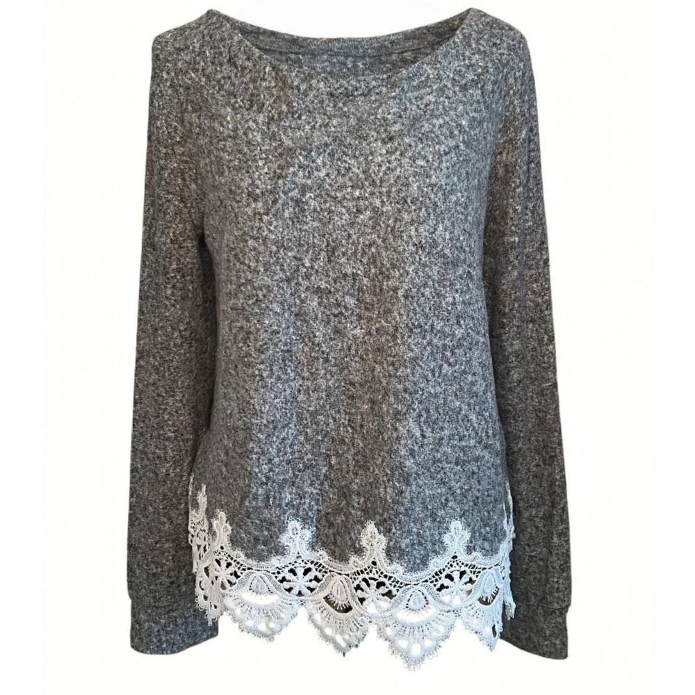 The Kooples Sport Gray Fleece Lace Trim Sweatshirt Loungewear Soft Cozy Top Sz S